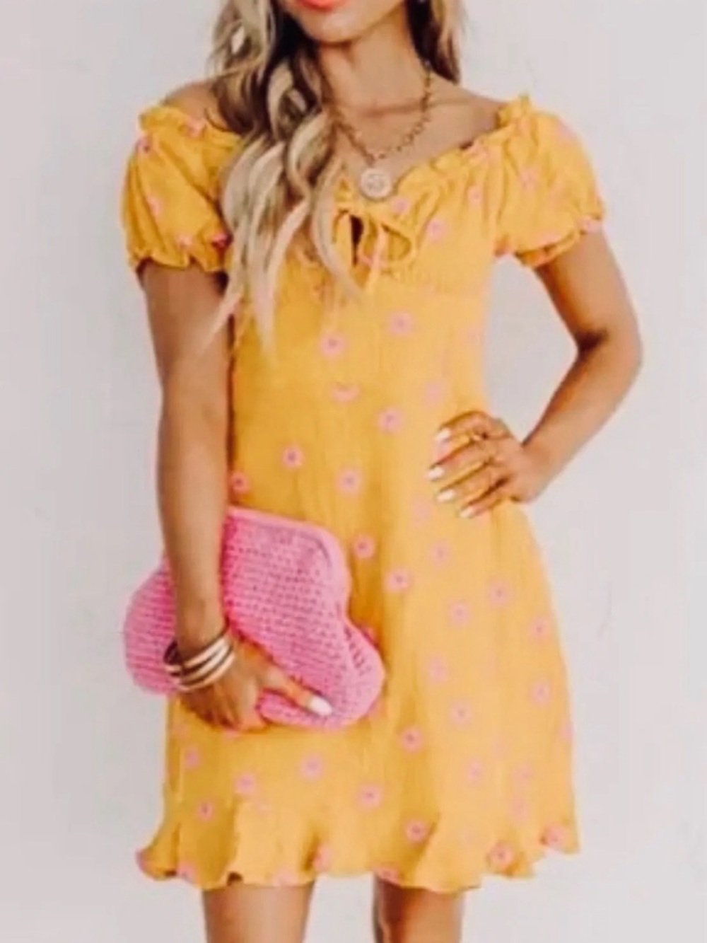 entro Yellow Off-Shoulder Midi Dress with Pink Floral Accent